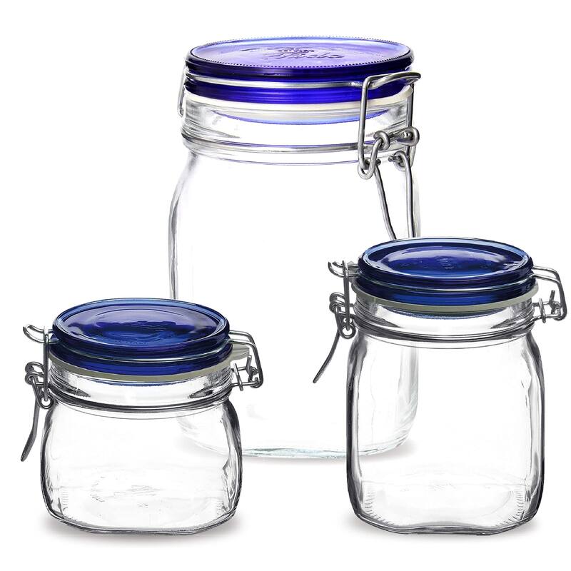 Bormioli Rocco Fido Jar with Lid 3 Piece Set - Blue Lids - 17 Oz - 25.25 Oz - 33.75 Oz