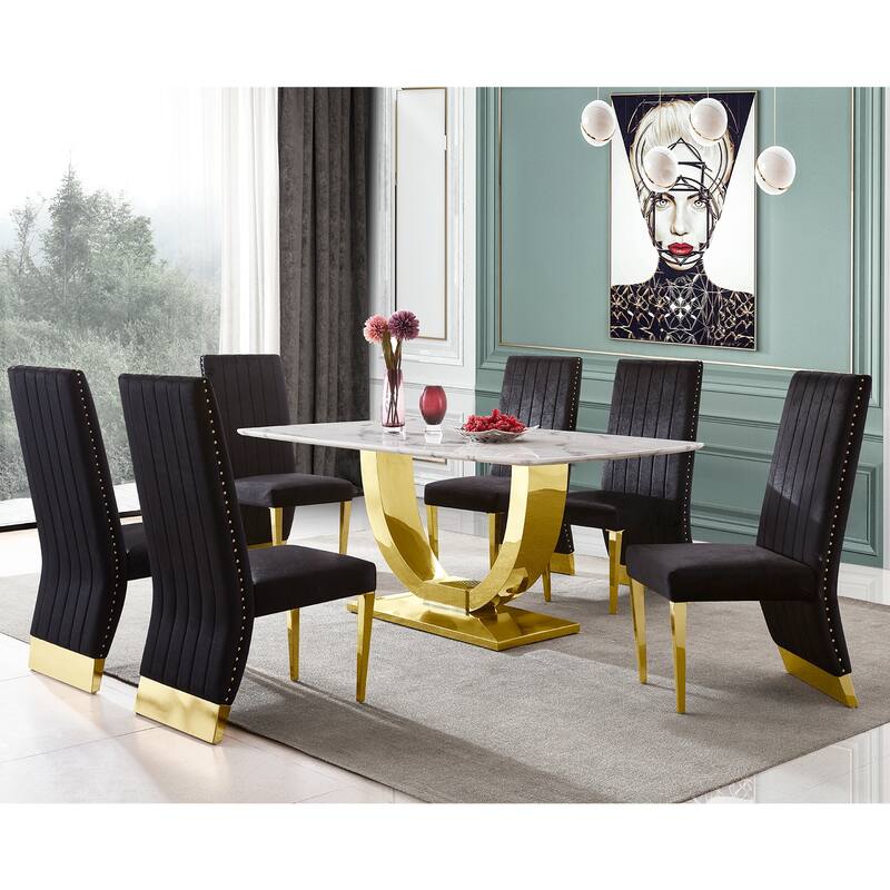 Modern Black Velvet Dining Room Chairs with Nailhead Trims and Polished