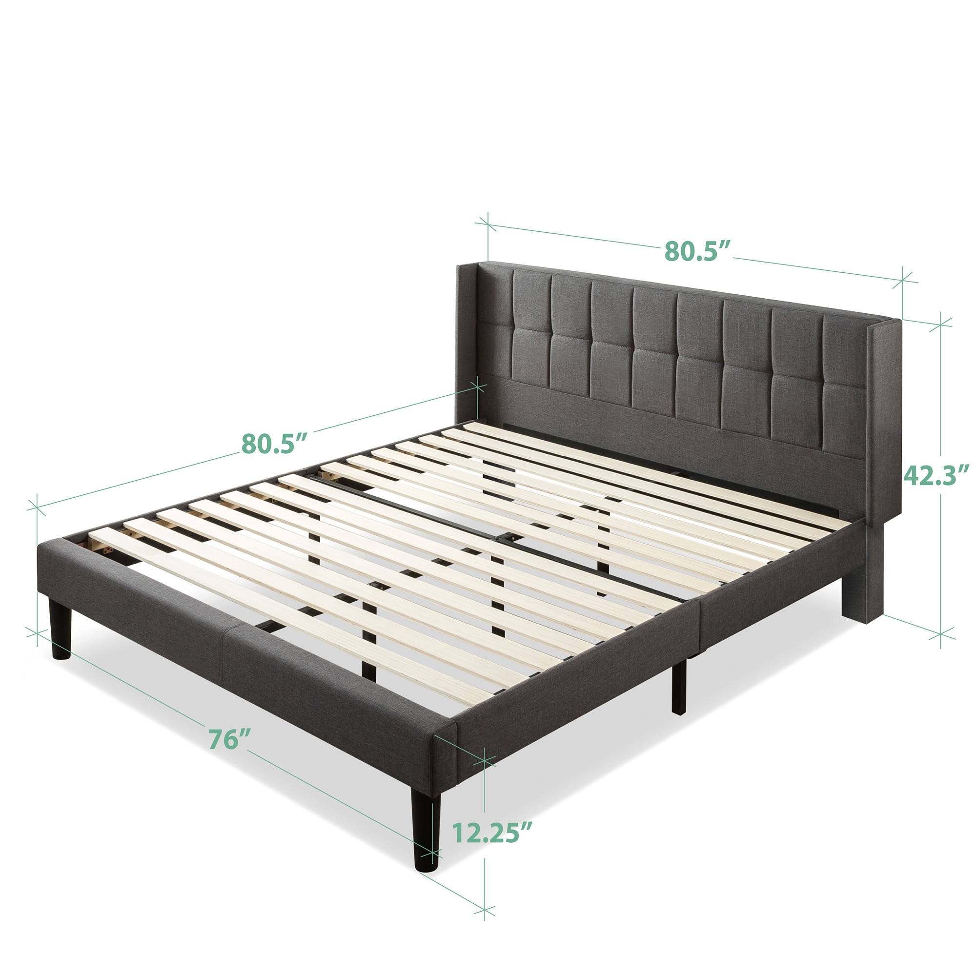 King Grey Zinus Upholstered Square Stitched Platform Bed//Mattress Foundation//Easy Assembly//Strong Wood Slat Support
