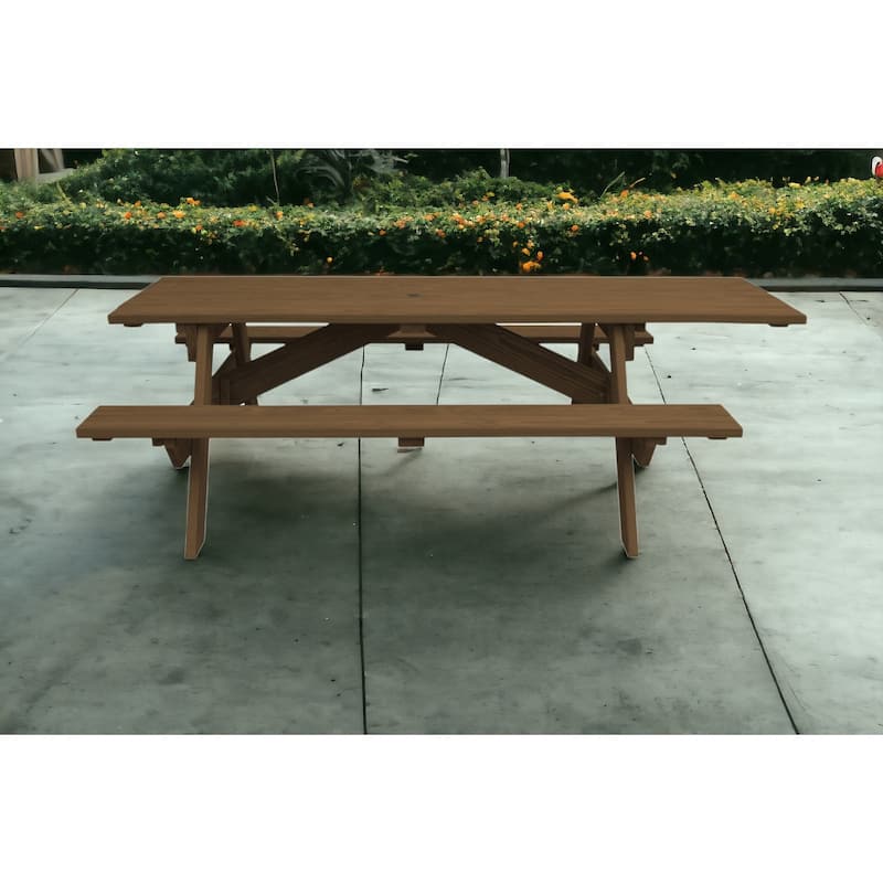 HomeRoots 94" Wood Brown Solid Wood Outdoor Picnic Table with Umbrella Hole - Wood Brown