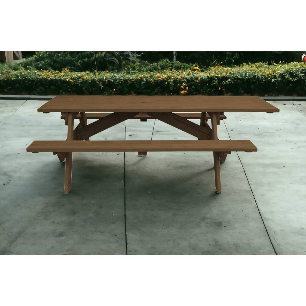 HomeRoots 94" Wood Brown Solid Wood Outdoor Picnic Table with Umbrella Hole