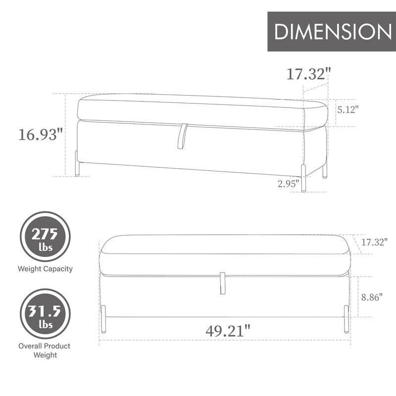 49.21" Upholstered Velvet Storage Bench with Metal Legs for Bedroom
