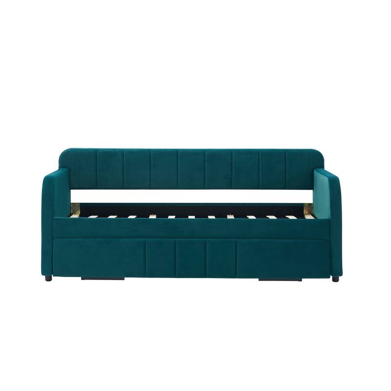 Twin Size Velvet Upholstered Daybed, Wood Sofa Bed Frame Daybed Couch with Trundle Bed and Wood Slat