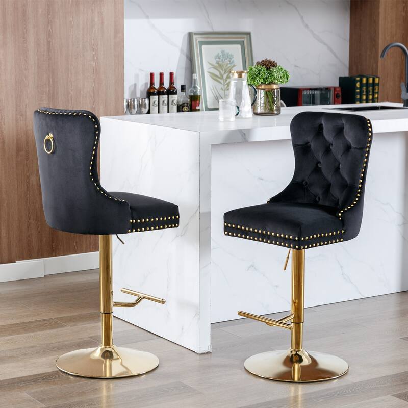 Modern Golden Swivel Velvet Barstools with Adjustable Height, Tufted Design for Kitchen and Pub - Set of 2
