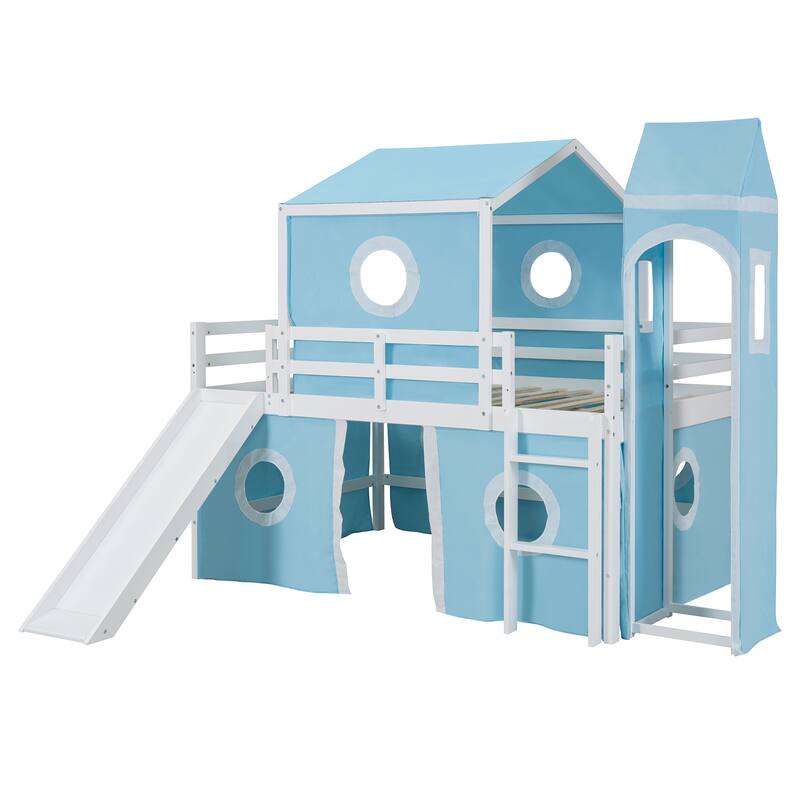 Solid Wood Loft House Bed with Slide Tent, Tower, Ladder, and Fence Baffle for Bedroom