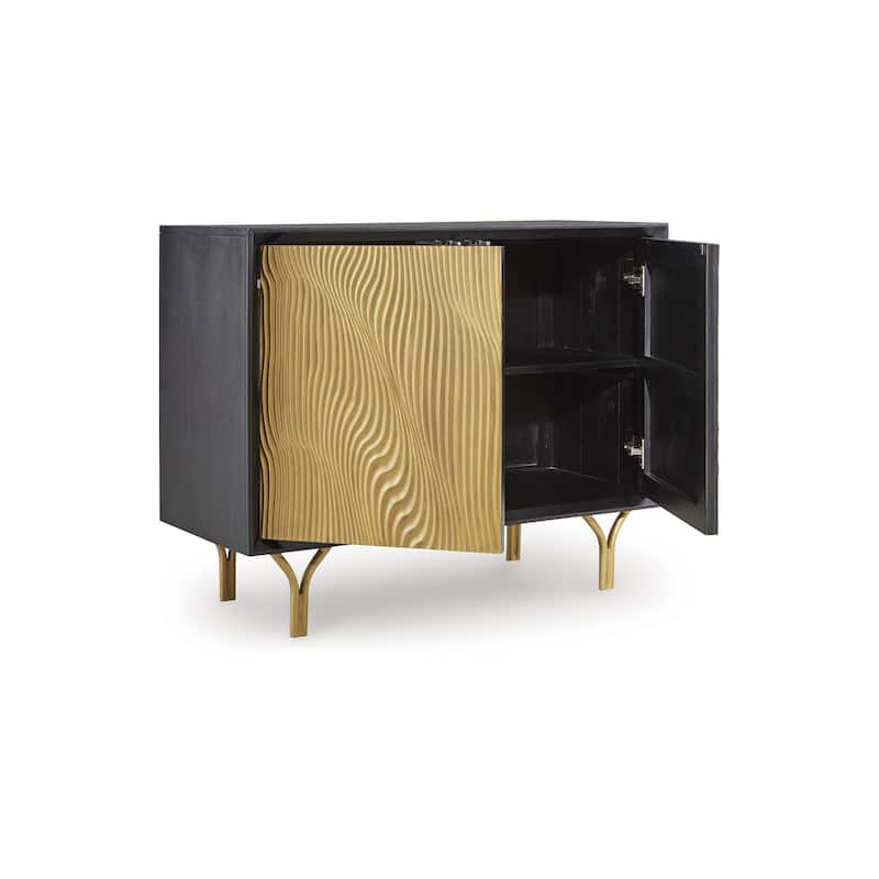 Yien Sideboard Console, 2 Carved Doors, Gold Legs, Black Wood 40 Inch