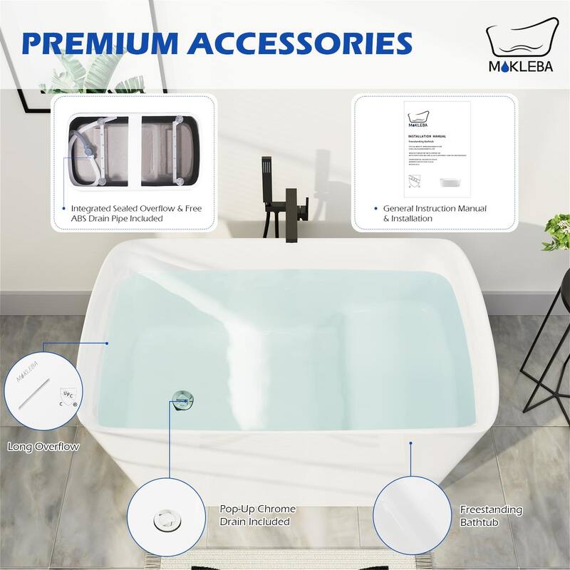 Mokleba 47" Matte Black Acrylic Freestanding-Soaking Bathtub With Seat
