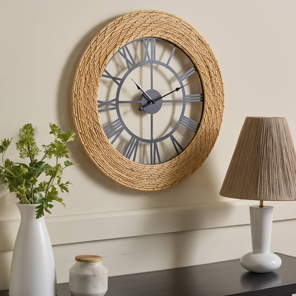 SEI Furniture Mahdis Iron & Rattan Clock - 26"W x 2"D x 26"H