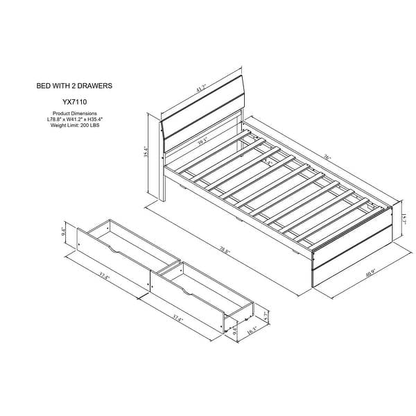 Twin Size Wood Bed Frame with Drawers, Wooden Platform Bed Frame with Headboard and 2 Storage Drawers, for Kids Teens Adults