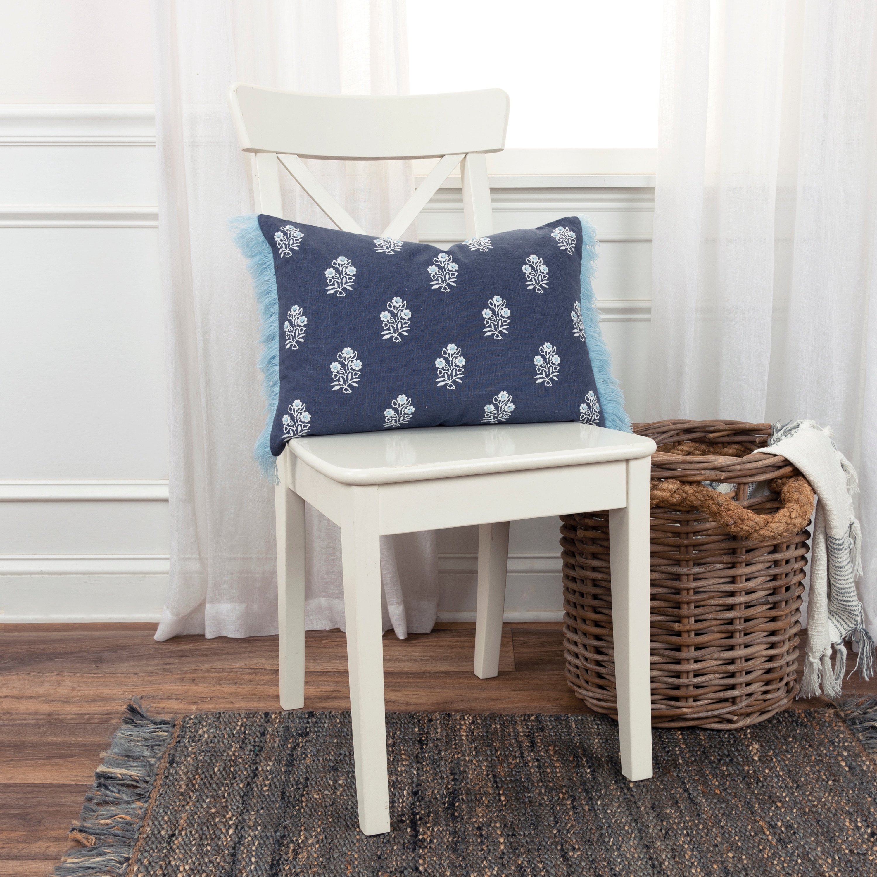 Rizzy Home Embroidered Blue Floral Throw Pillow Cover