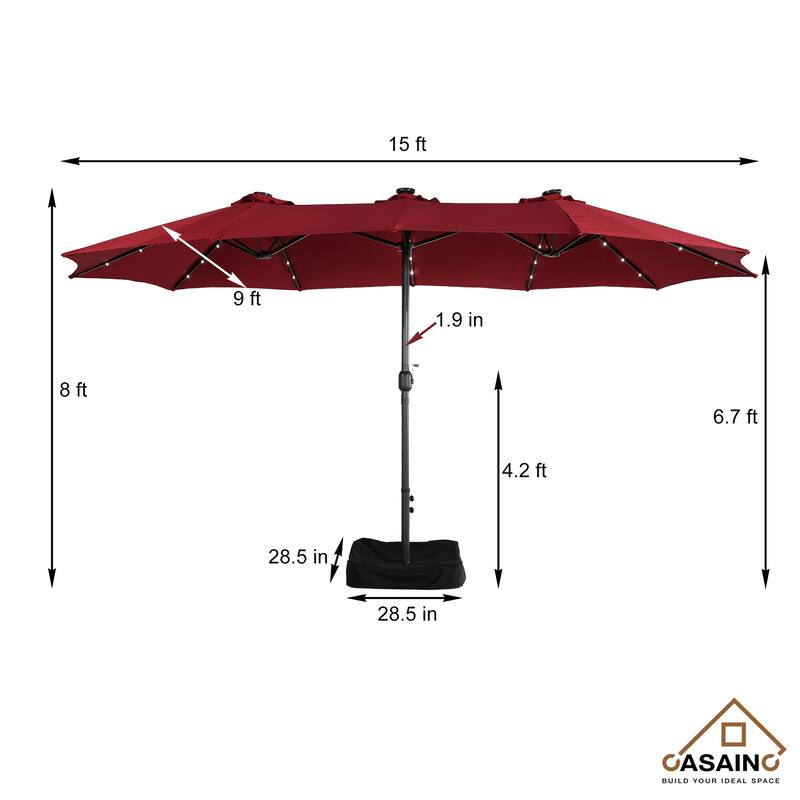 15-ft. Rectangular Crank Double-sided Outdoor Market Umbrella Solar LED Lighted Patio Umbrella with Base Included