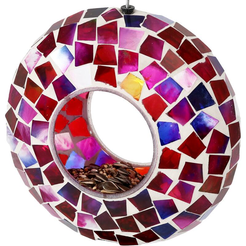 Outdoor Hanging Bird Feeder Crimson Glass Mosaic Fly-Through - 7"