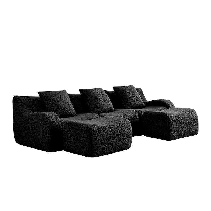 Sectional Couches for Living Room U-Shaped Boneless Couch, 3-Seat Sofa with Movable Ottoman, Floor Modular Teddy Fabric Sofa