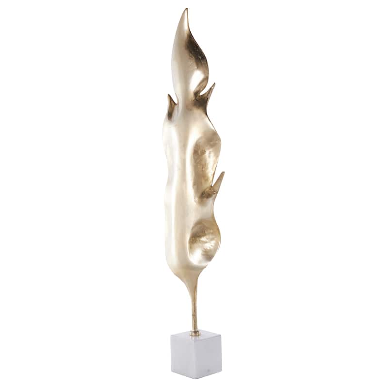 Gold Aluminum Metal Tall Textured Leaf Sculpture with White Marble Base