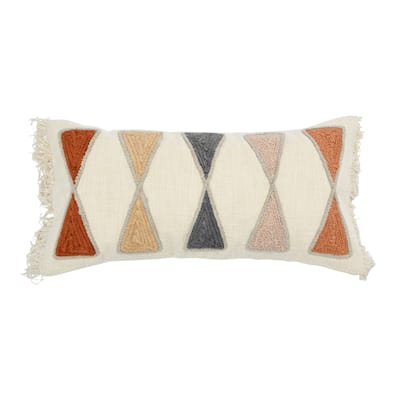 Embroidered Cotton Lumbar Pillow with Fringe