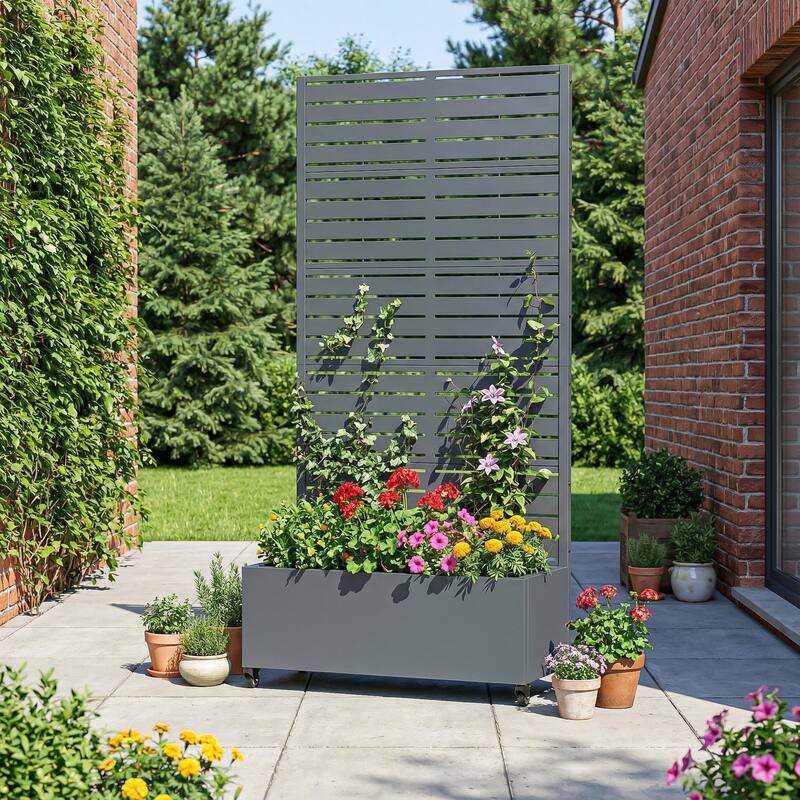 Raised Garden Bed Planter with Trellis Movable Planter Box with Lockable Wheels - 72*35 - Dark Grey