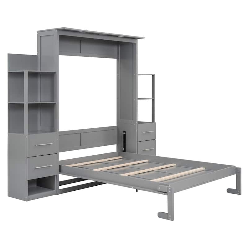 Merax Murphy Bed Wall Bed with Shelves, Drawers and LED Lights