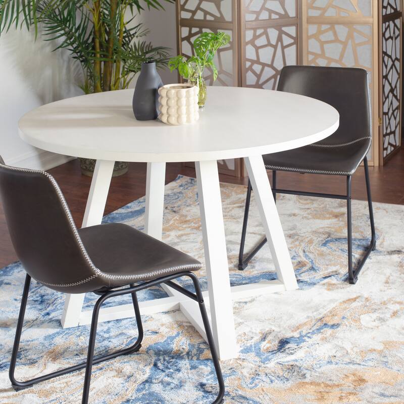 Gray Stylish Dining Table and Chair Set, Round Dining Table with Trestle, Leather Barrel Chairs with Sled Base