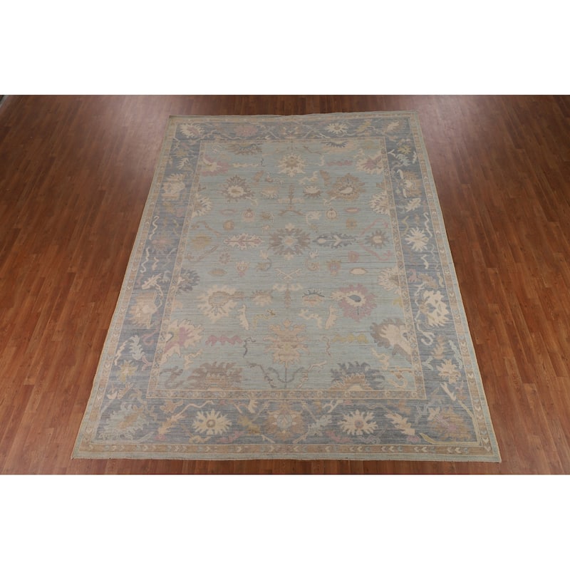 Turkish Oushak Vegetable Dye Area Rug Handmade Light Blue Wool Carpet - 9'2"x 11'11"