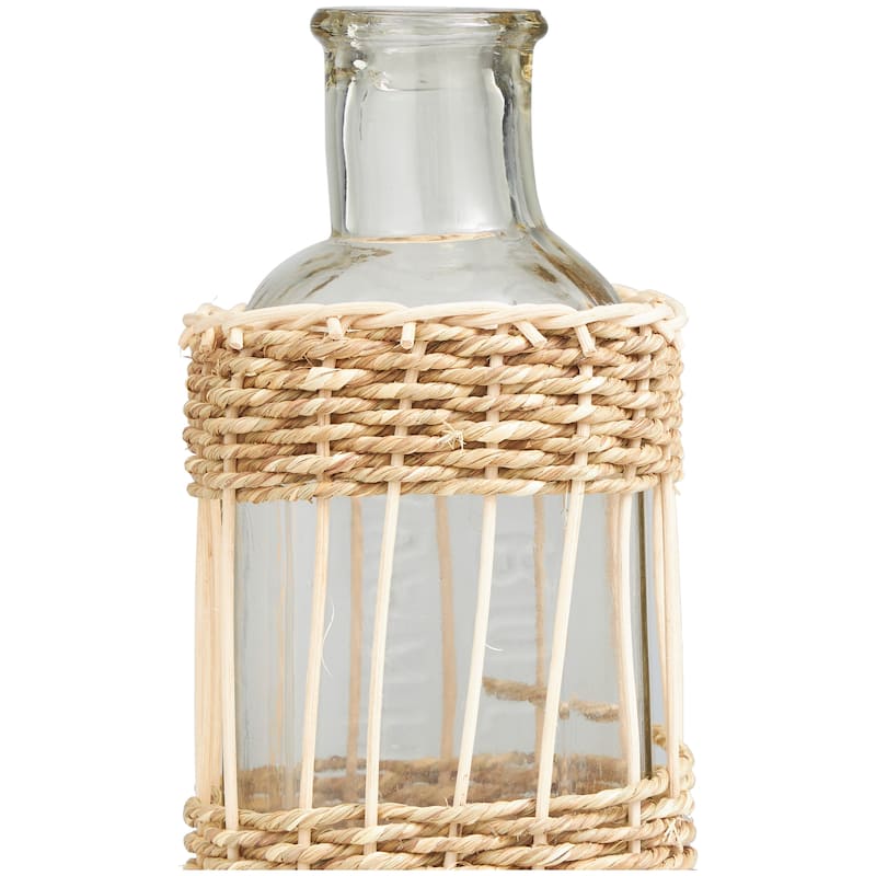 Handcrafted Clear Glass Vase with Light Brown Rattan Woven Body