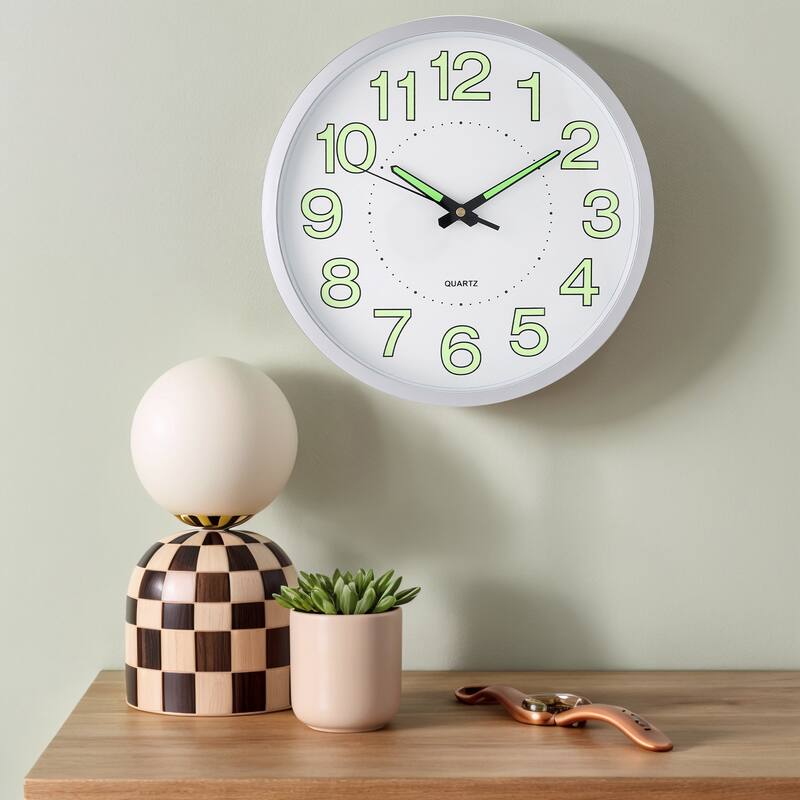 Wall Clock, Silent Non Ticking Battery Operated Modern Glow-In-The-Dark Clocks for Home 12 x 12 x 1.6 inch - 12 x 12 x 1.6 inch - Silver