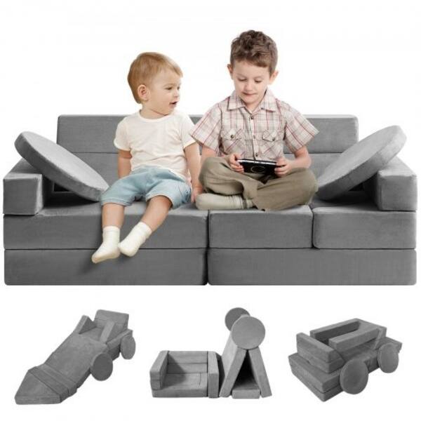 slide 1 of 1, Pure Grey Velvet Modular Kids Sofa with Safe Zippers and 30 Combos - 53.1“L x 26.4” W x 18.5” H Dark Grey