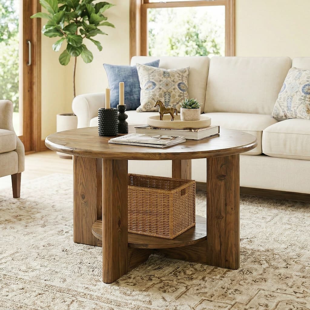 31.5" Solid Wood Round Coffee Table with 2-Tier Storage