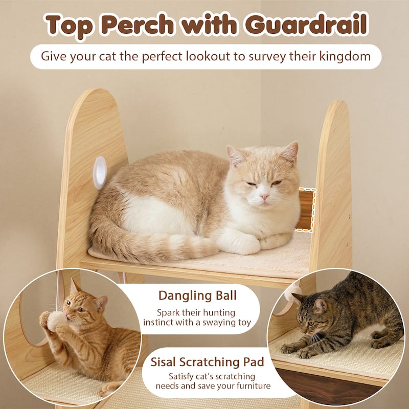 Gymax 47'' Large Wooden Cat House w/ 2-Storey Condo Top Perch & Sisal