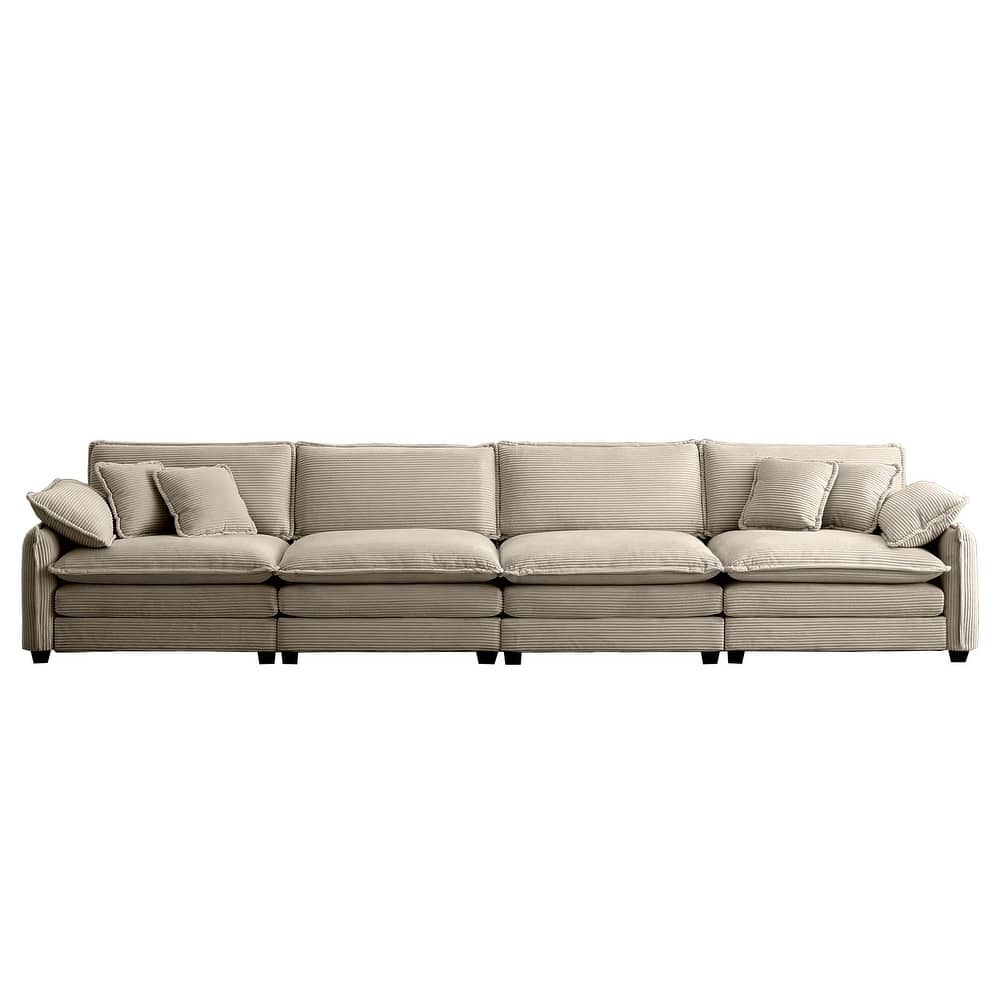 Ergonomic 4 Seater Corduroy Upholstered Sectional Sofa with Pillows