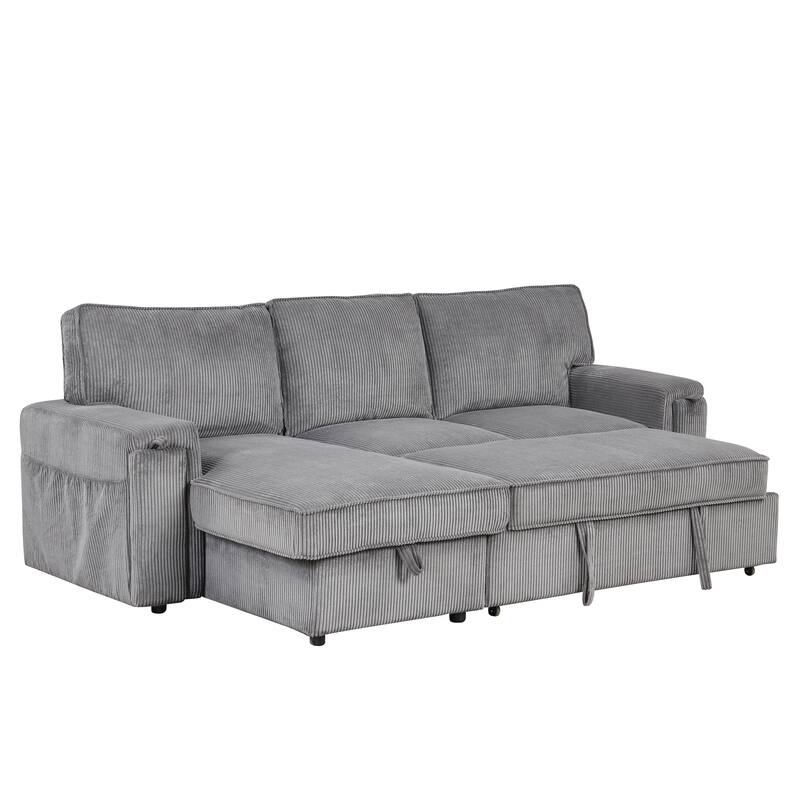 96.1" Polyester Sleeper Sectional Sofa with Storage Bags, Cup Holders and Fold-Out Twin Bed