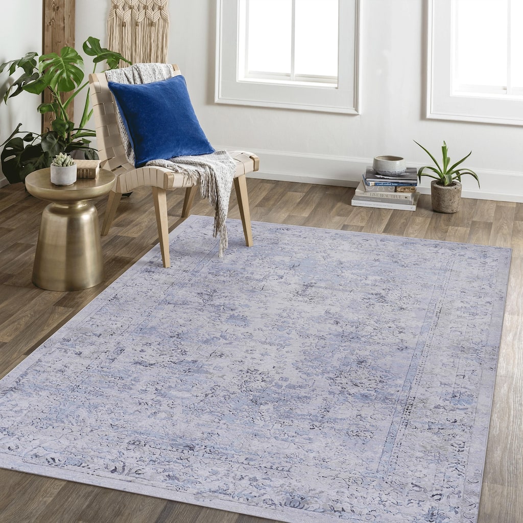 Roomfitters 8x10 Machine Washable Boho Vintage Area Rug, Non-Slip Pet Friendly Indoor Living Room Decor Carpet - Blue+Cream