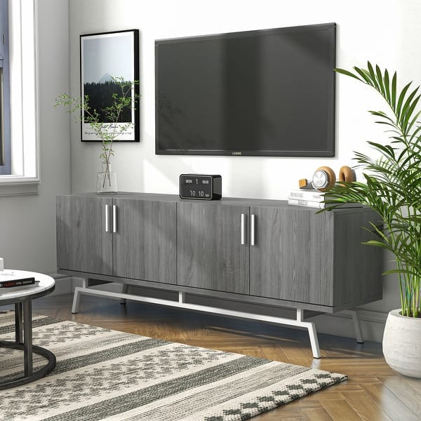 slide 2 of 15, Adela Modern 60-inch Metal Base 4-Door Cabinet TV Stand Distressed Grey