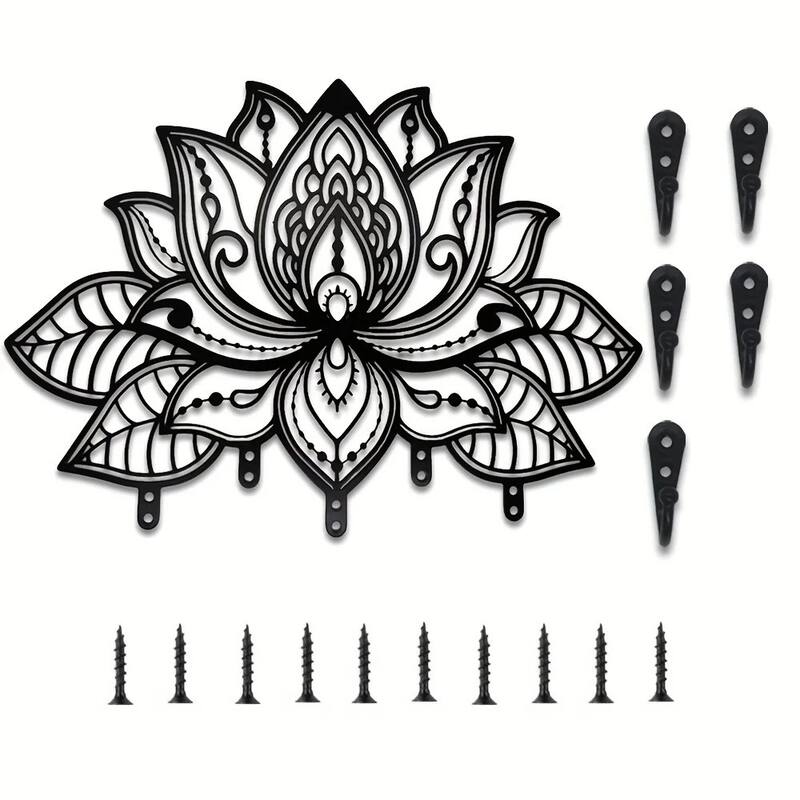 Wall-Mounted Towel Rack with 6 Hooks Black Matte Metal Space-Saving Bathroom Organizer - N/A