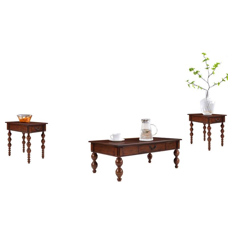 Retro 3-Piece Solid Wood Coffee Table Set with Storage Drawer, Vintage Design for Living Room and Office Decor