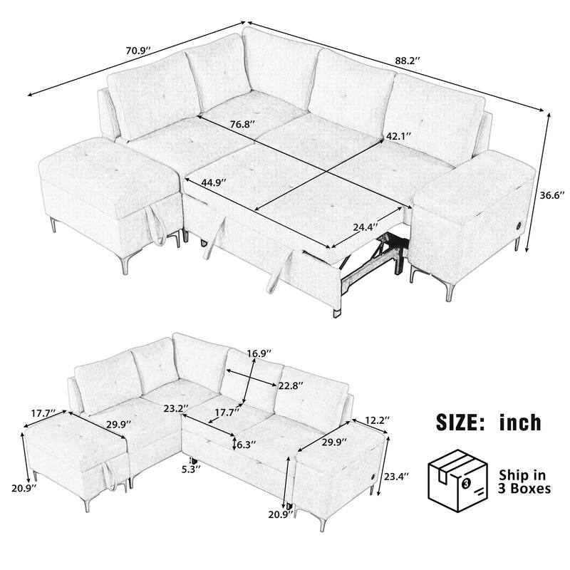 Contemporary L Shaped Sectional Sofa with Storage Ottoman and USB Ports and Drop Down Table for Living Room