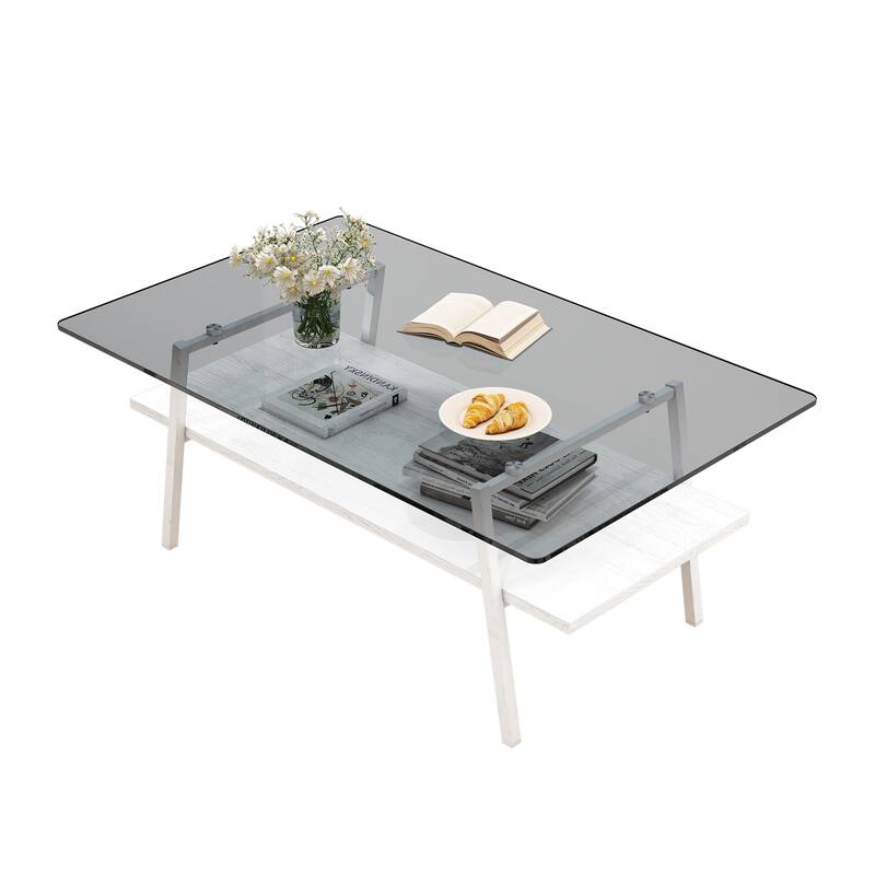 Rectangle Coffee Table, Tempered Glass Tabletop with Black Metal Legs