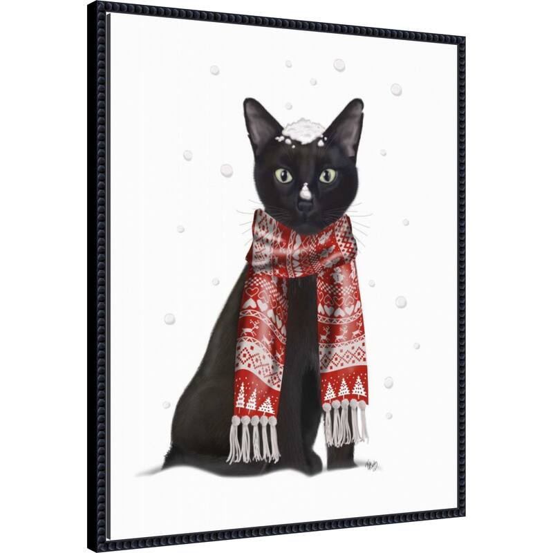 Black Cat Red Scarf by Fab Funky (23 x 28 in.), Framed Canvas Wall Art Print - Sylvie Beaded Black