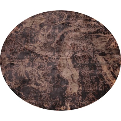 Contemporary Brown Abstract Round Rug Handmade Wool Carpet - 5'2" X 5'0"