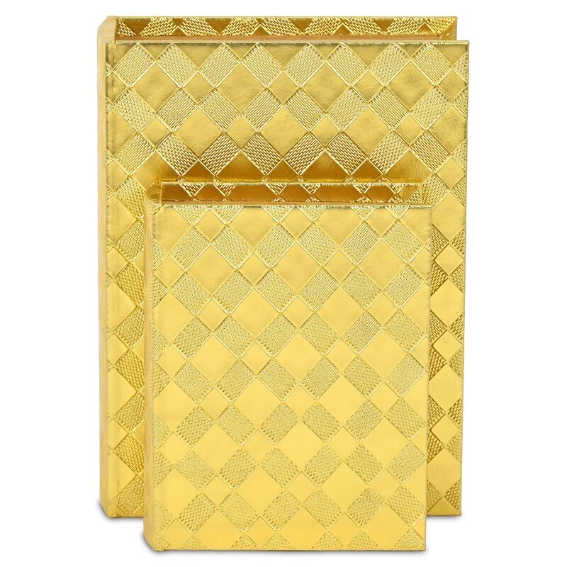 Zuleika Set of 2 Rectangular Decorative Book Boxes - Gold Checkered Diamond Pattern - N/A