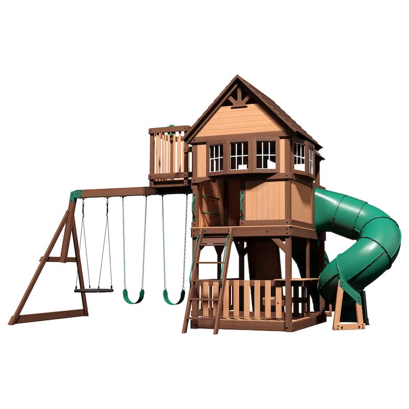 Backyard Discovery Skyfort II Cedar Wood Swing Set, Spiral Tube Slide - 19'5" x 16'9"