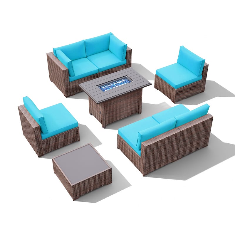 Outdoor 8 Pieces Sectional Wicker Sofa Set with Fire Pit