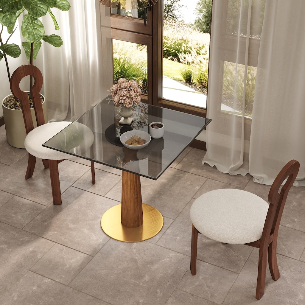 33" Retro Square Side Table, Glass & Sintered Stone Tabletop Dining Table with Solid Wood Pedestal