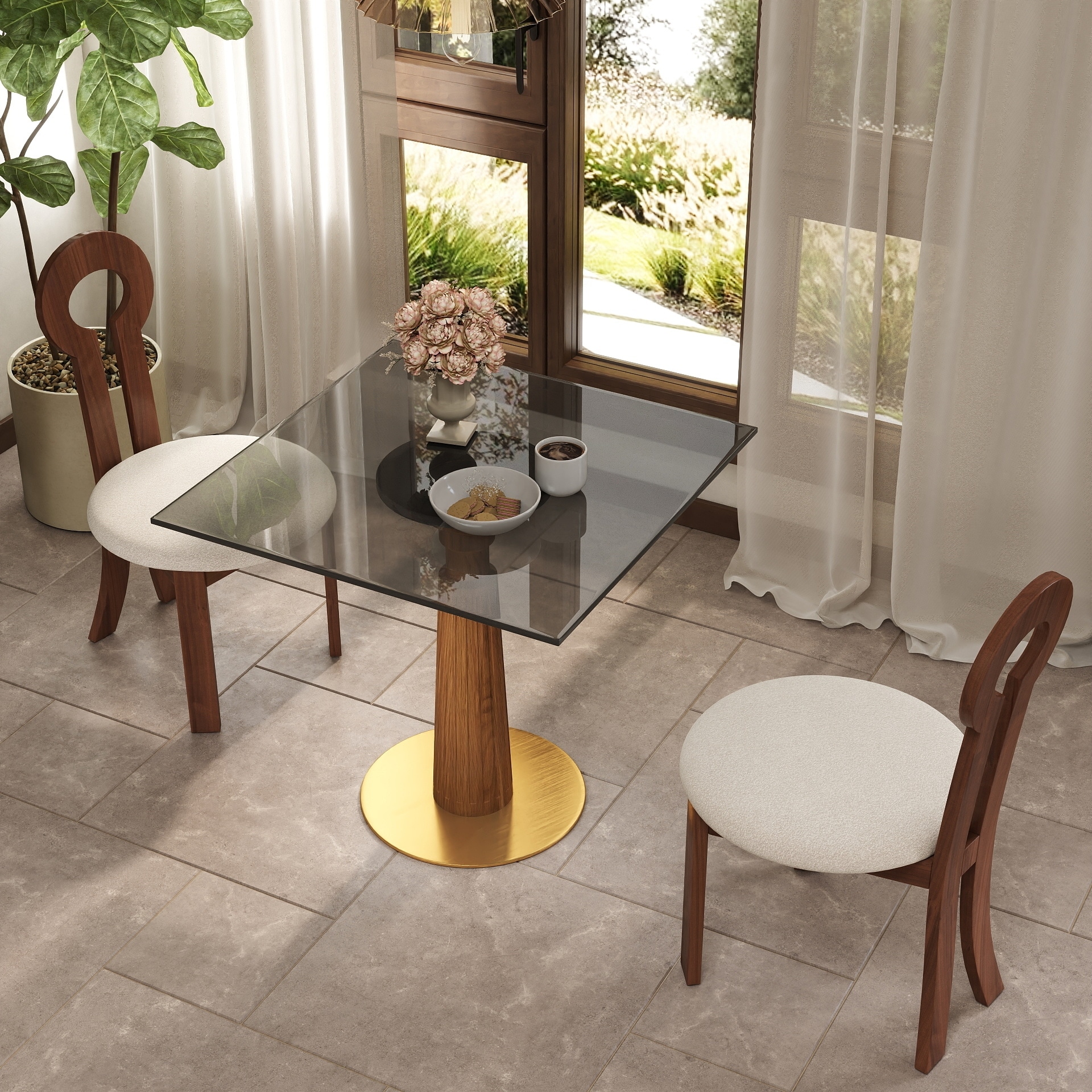 33" Retro Square Side Table, Glass & Sintered Stone Tabletop Dining Table with Solid Wood Pedestal