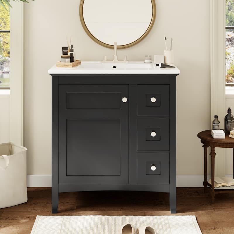 30'' Freestanding Bathroom Vanity in Black with White Integrated Ceramic Sink - 30'' x 18.3'' x 33.7''