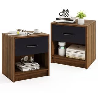 Gymax 2 PCS Nightstand w/ Drawer Side Table w/ Slide-out Drawer Open