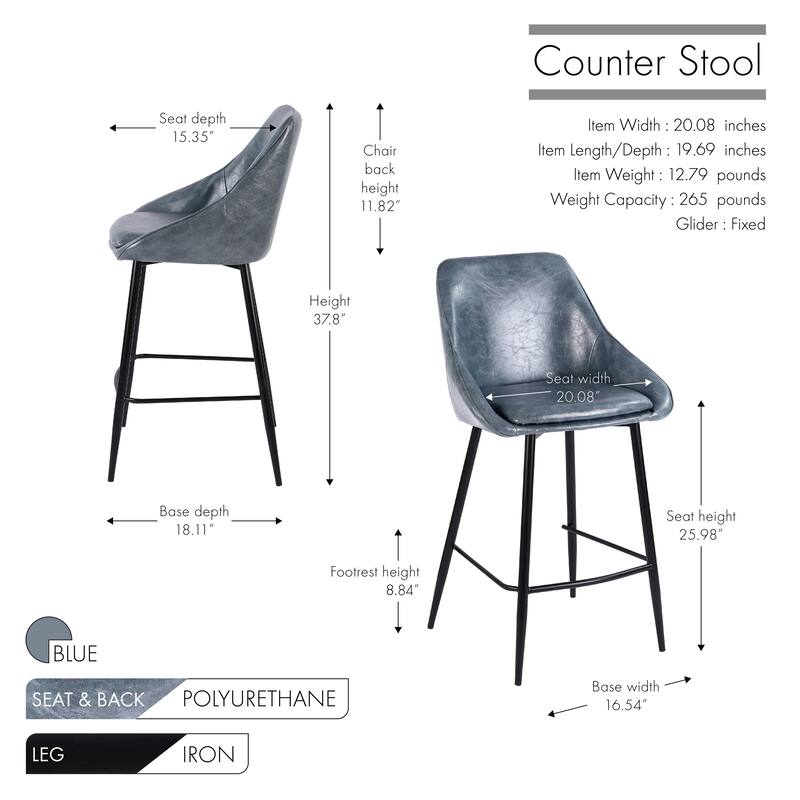 Porthos Home Ula Counter Stools Set of 2, PU Leather Upholstery, Iron Legs
