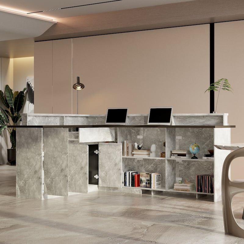 Marble Reception Desk LED Lighting L-Shaped Front Counter Storage Shelves Office, Salon, Hotel
