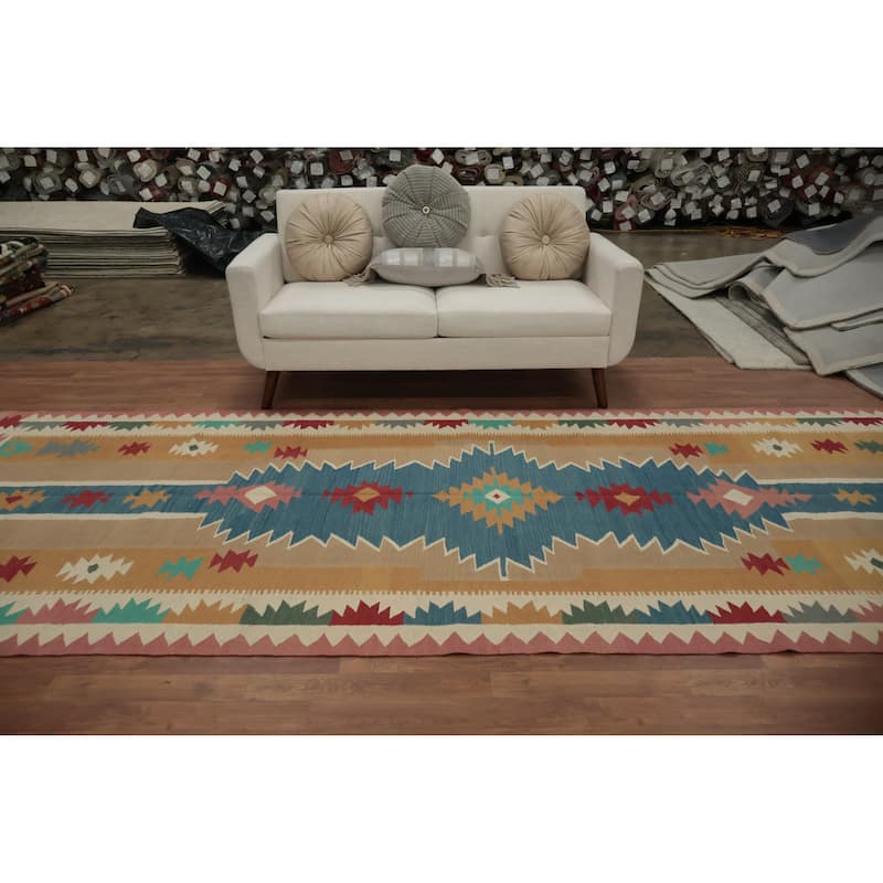 Hand Woven Oriental 100% Wool Carpet Southwestern Tribal Multi-Colored Kilim Runner Rug - 14' 7'' X 4' 11''