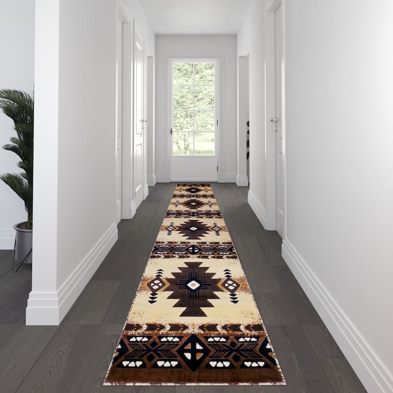 Traditional Southwestern Style Olefin Fiber Geometric Area Rug - 3' x 16' - Brown