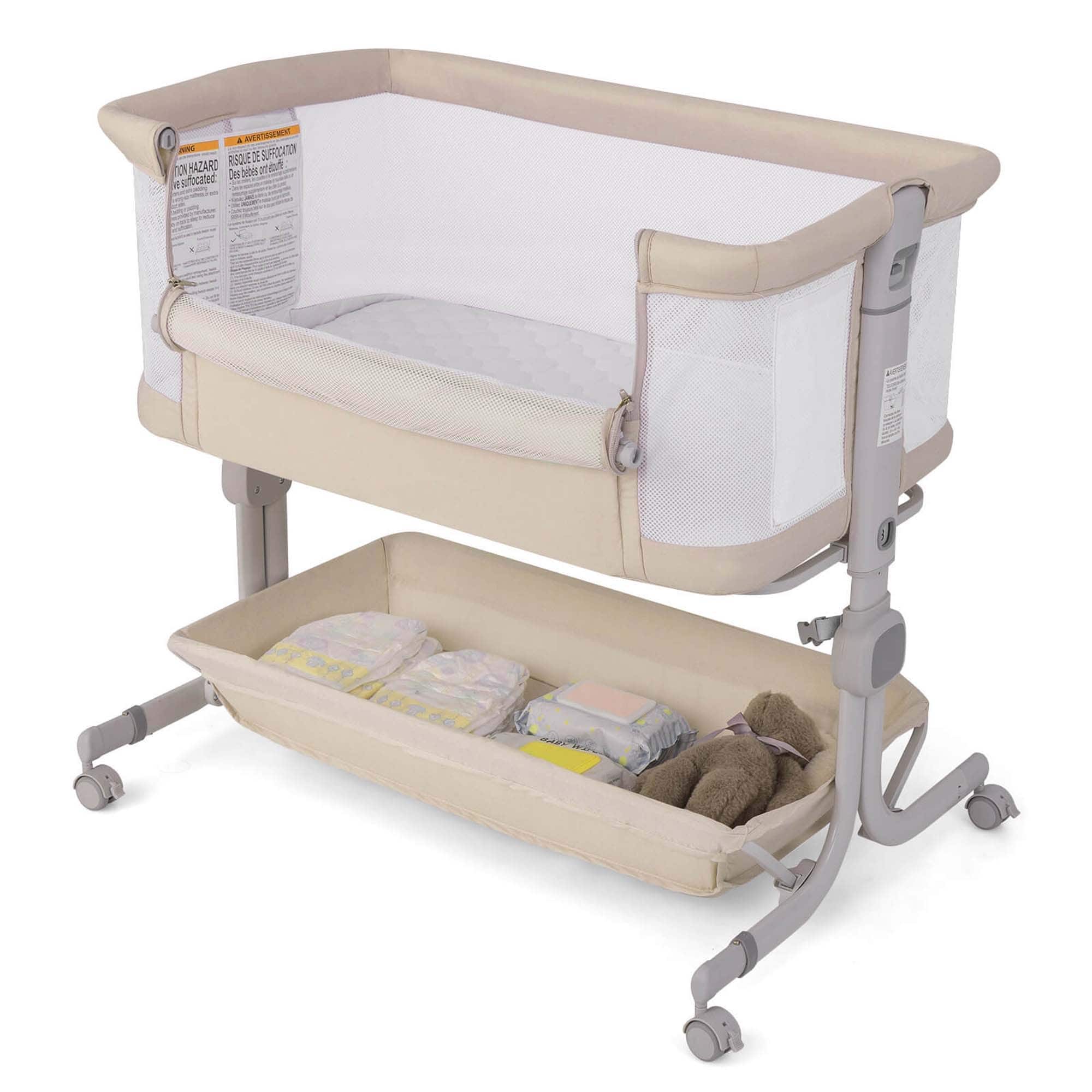 Bedside Crib w/ Adjustable Height Bassinet w/ Storage Shelf